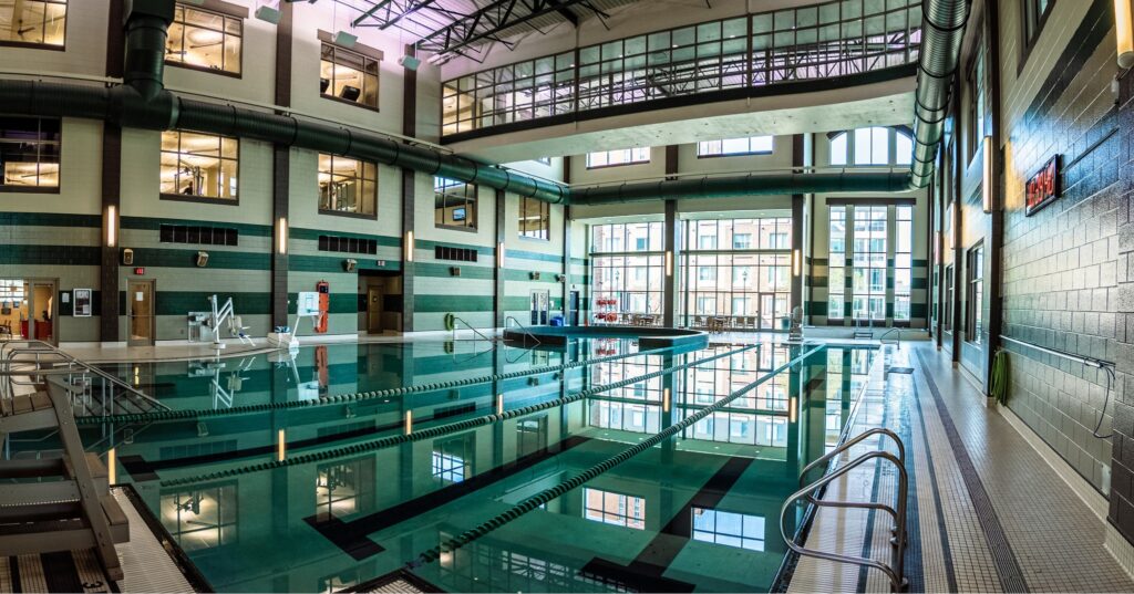 Indoor pool at Marshall University Recreation Center, managed by Cindi Tscherne, known for sustainable aquatics operations and student development.