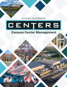 Cover design with photos of various campus centers and featuring the words Advance you Mission: CENTERS Campus Center Management