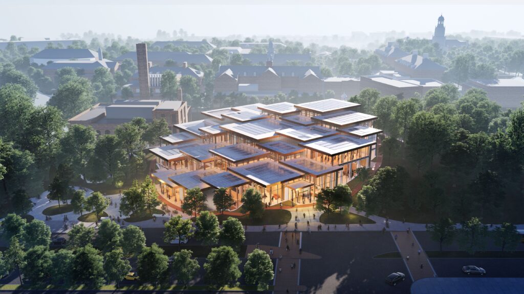 A rendering of the aerial view of Johns Hopkins University Student Center