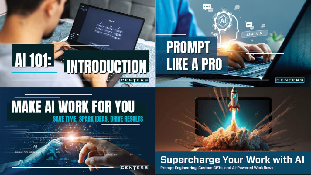 AI presentations at CENTERS supporting AI adoption in higher education operations through training and governance.