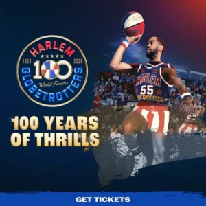 Harlem Globetrotters 100 Year Tour promotional image for event at Longwood University’s Joan Perry Brock Center