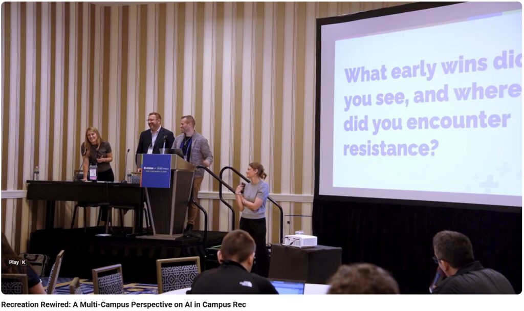 AI for campus recreation panel at NIRSA featuring CENTERS leaders from Marshall, Cleveland State, and corporate teams.
