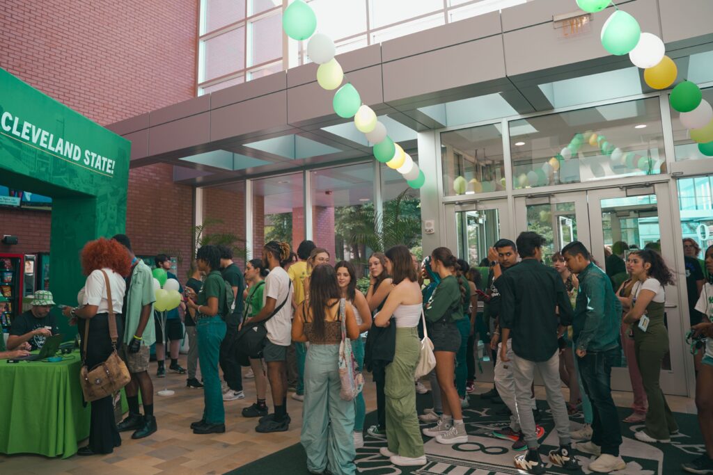 Cleveland State University students gather in the lobby of the Recreation Centers where welcome week's favorite student engagement activity in its recreation and wellness center.
